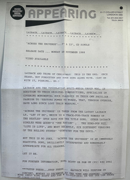 Laibach : Across The Universe (7", Single)