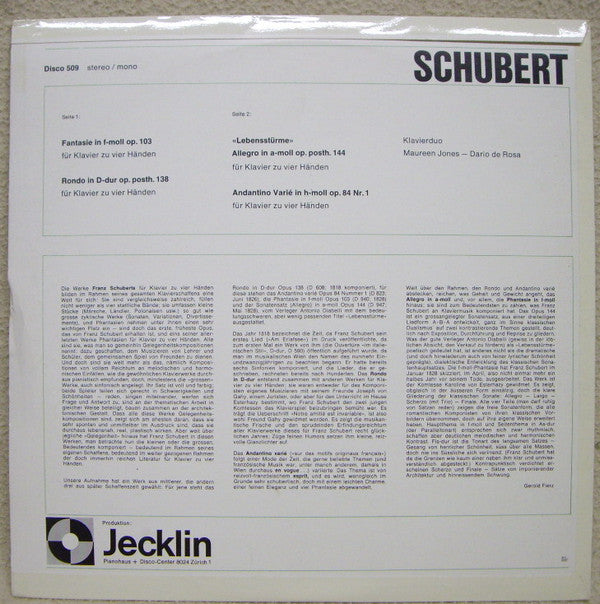 Franz Schubert, Maureen Jones, Dario de Rosa : Fantasie In F-moll, Rondo In D-dur, Lebensstürme, Andantino Varié (LP)