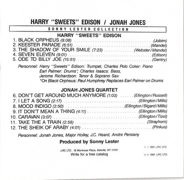 Harry Edison / The Jonah Jones Quartet : Harry "Sweets" Edison / Jonah Jones (CD, Comp, RM)