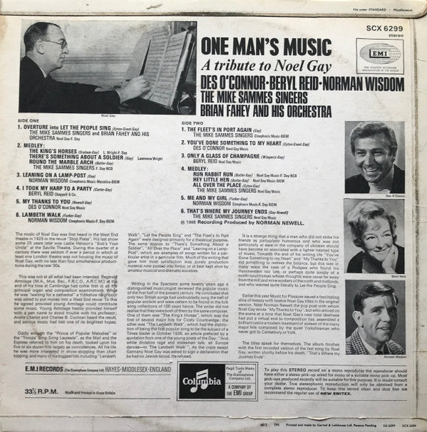 Des O'Connor, Beryl Reid, Norman Wisdom, Mike Sammes Singers, Brian Fahey And His Orchestra : One Man's Music - The Songs Of Noel Gay  (LP, Album)