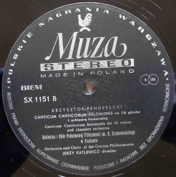 Krzysztof Penderecki - Orkiestra Filharmonii Im. Karola Szymanowskiego W Krakowie I Chór Filharmonii Im. Karola Szymanowskiego W Krakowie, Jerzy Katlewicz : Canticum Canticorum Salomonis / Strophes / Cantata (LP, Bla)