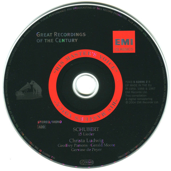 Franz Schubert - Christa Ludwig, Geoffrey Parsons (2), Gerald Moore, Gervase de Peyer : 15 Lieder (CD, Comp, Mono, RM)