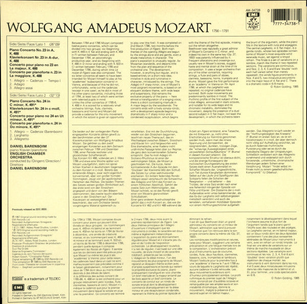 Wolfgang Amadeus Mozart, Daniel Barenboim, English Chamber Orchestra : Piano Concertos Nos. 23 & 24 (LP, Comp)