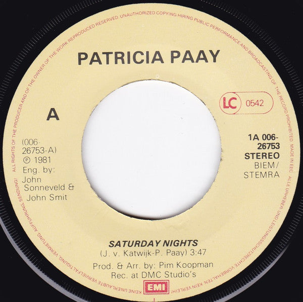 Patricia Paay : Saturday Nights (7", Single)