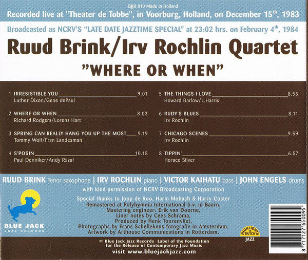 Ruud Brink, Irvin Rochlin : Where Or When (CD, Album)