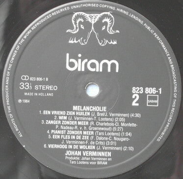 Johan Verminnen, Tars Lootens : Melancholie (LP)