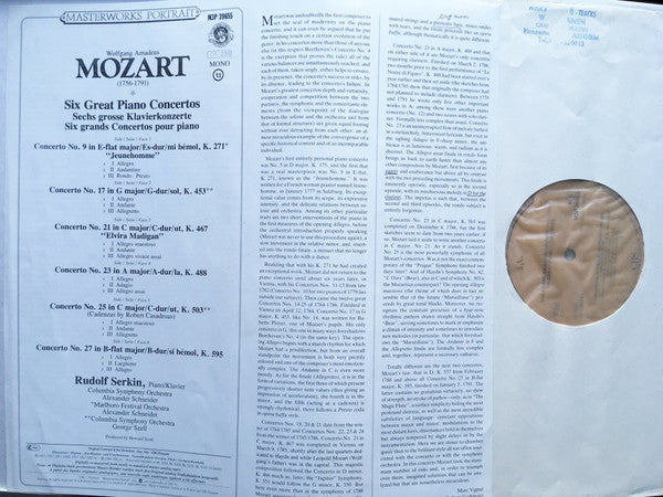 Wolfgang Amadeus Mozart - Rudolf Serkin, Marlboro Festival Orchestra, Columbia Symphony Orchestra, Alexander Schneider, George Szell : Piano Concertos Nos. 9 (K.271), 17 (K.453) , 21 (K.467) "Elvira Madigan", 23 (K.488), 25 (K.503), 27 (K.595) (3xLP, Mono, RE, RM + Box, Comp)