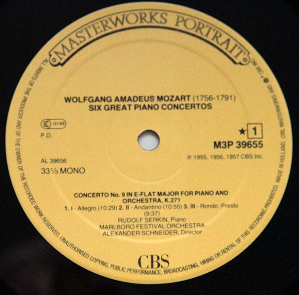 Wolfgang Amadeus Mozart - Rudolf Serkin, Marlboro Festival Orchestra, Columbia Symphony Orchestra, Alexander Schneider, George Szell : Piano Concertos Nos. 9 (K.271), 17 (K.453) , 21 (K.467) "Elvira Madigan", 23 (K.488), 25 (K.503), 27 (K.595) (3xLP, Mono, RE, RM + Box, Comp)