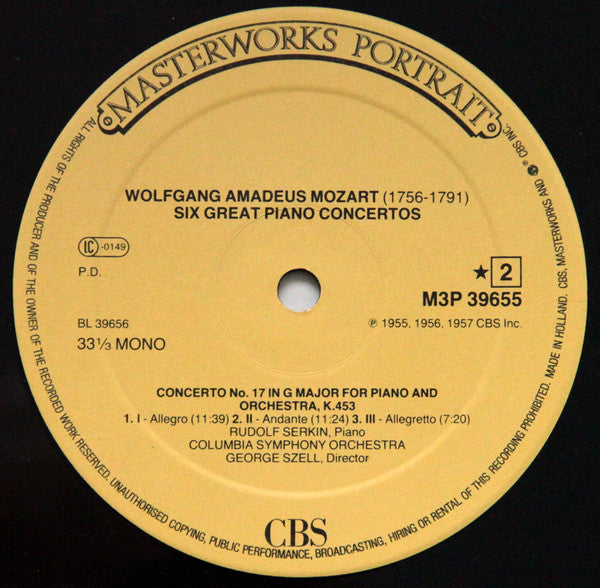 Wolfgang Amadeus Mozart - Rudolf Serkin, Marlboro Festival Orchestra, Columbia Symphony Orchestra, Alexander Schneider, George Szell : Piano Concertos Nos. 9 (K.271), 17 (K.453) , 21 (K.467) "Elvira Madigan", 23 (K.488), 25 (K.503), 27 (K.595) (3xLP, Mono, RE, RM + Box, Comp)