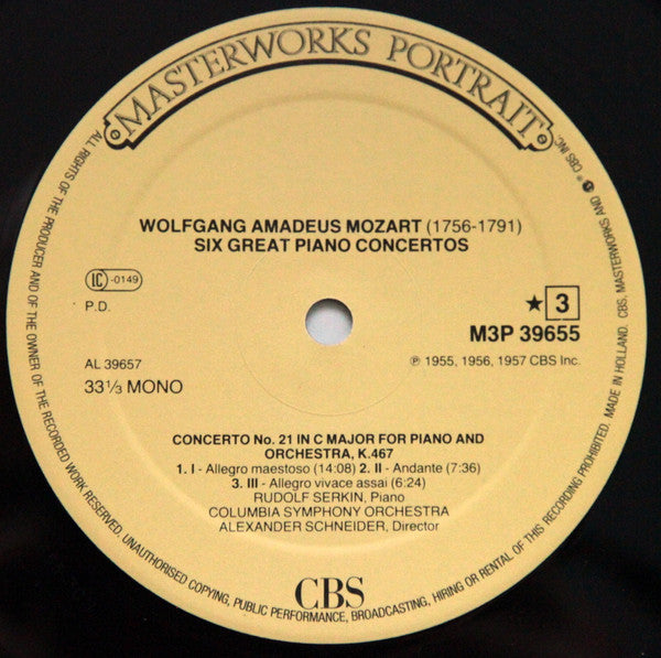 Wolfgang Amadeus Mozart - Rudolf Serkin, Marlboro Festival Orchestra, Columbia Symphony Orchestra, Alexander Schneider, George Szell : Piano Concertos Nos. 9 (K.271), 17 (K.453) , 21 (K.467) "Elvira Madigan", 23 (K.488), 25 (K.503), 27 (K.595) (3xLP, Mono, RE, RM + Box, Comp)