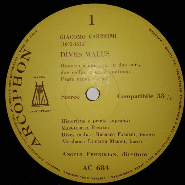 Giacomo Carissimi, Margherita Rinaldi, Rodolfo Farolfi, Luciano Medici, Angelo Ephrikian : Dives Malus (LP, Gat)