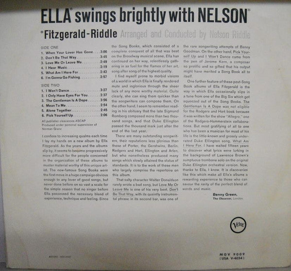 Ella Fitzgerald - Nelson Riddle : Ella Swings Brightly With Nelson (LP, Album, Mono)