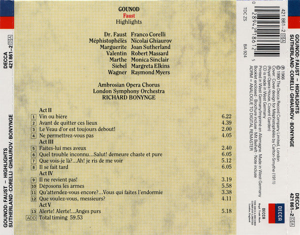 Charles Gounod, Joan Sutherland, Franco Corelli, Nicolai Ghiaurov, Richard Bonynge : Faust Highlights (CD, RM)