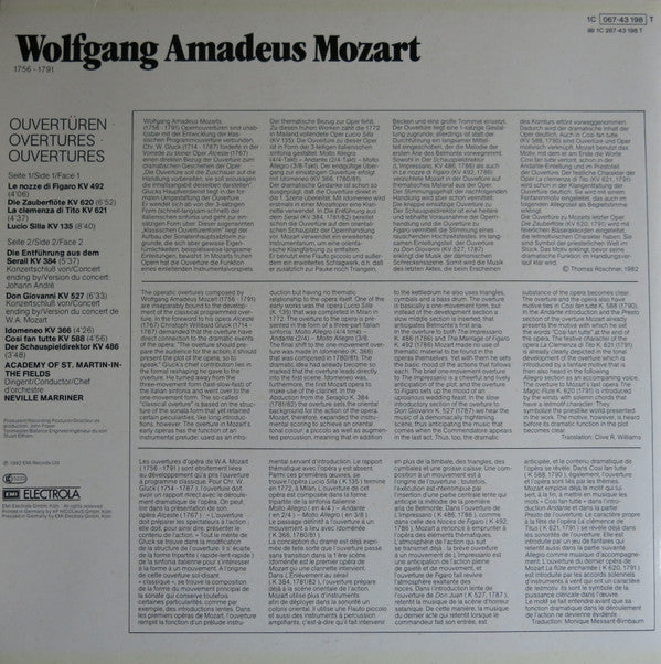 Wolfgang Amadeus Mozart, Sir Neville Marriner, The Academy Of St. Martin-in-the-Fields : Ouvertüren (LP, RE)