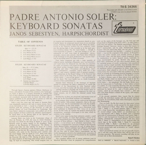 Padre Antonio Soler, János Sebestyén : Keyboard Sonatas (LP)
