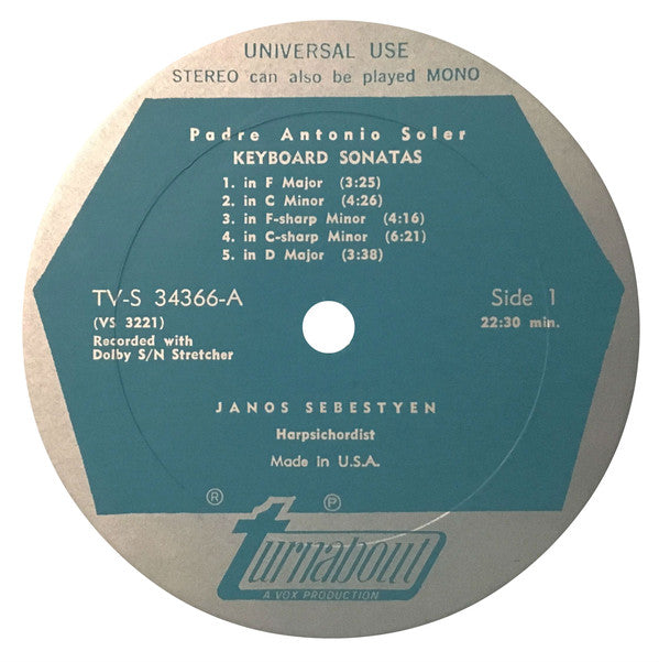 Padre Antonio Soler, János Sebestyén : Keyboard Sonatas (LP)