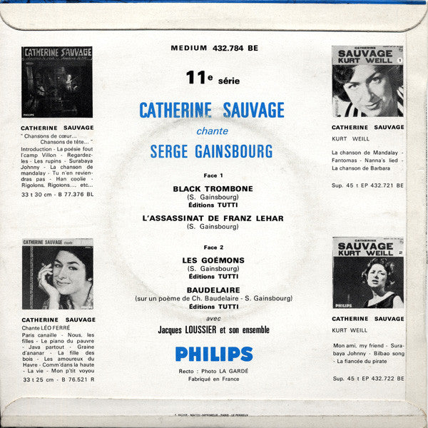 Catherine Sauvage : Catherine Sauvage Chante Serge Gainsbourg (7", EP, Mono)