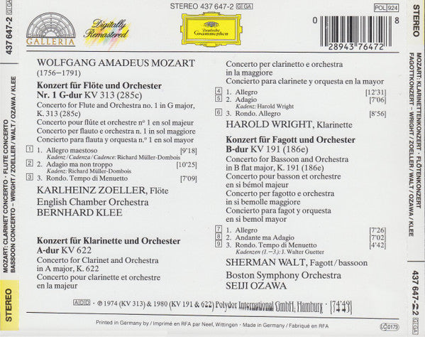 Wolfgang Amadeus Mozart, Seiji Ozawa, Boston Symphony Orchestra, Harold Wright, Karlheinz Zöller, Sherman Walt, Wiener Philharmoniker : Clarinet Concerto . Flute Concerto No.1 . Bassoon Concerto (CD, Album, RM)
