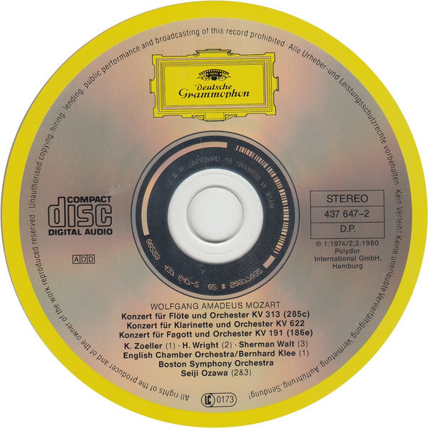 Wolfgang Amadeus Mozart, Seiji Ozawa, Boston Symphony Orchestra, Harold Wright, Karlheinz Zöller, Sherman Walt, Wiener Philharmoniker : Clarinet Concerto . Flute Concerto No.1 . Bassoon Concerto (CD, Album, RM)