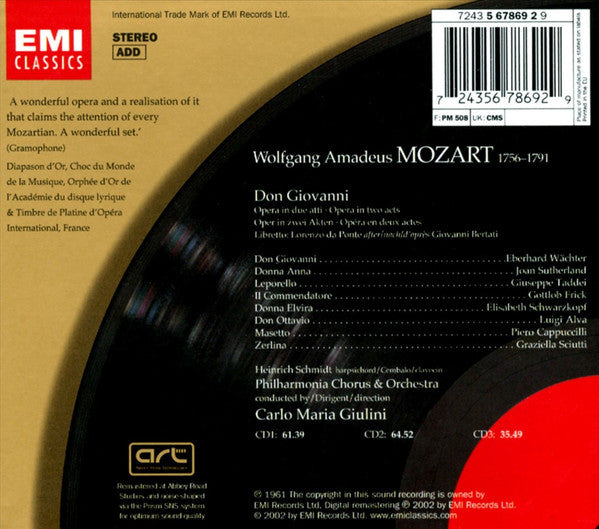 Wolfgang Amadeus Mozart - Eberhard Wächter · Joan Sutherland · Elisabeth Schwarzkopf · Giuseppe Taddei · Luigi Alva · Piero Cappuccilli · Graziella Sciutti · Gottlob Frick · Philharmonia Chorus & Philharmonia Orchestra · Carlo Maria Giulini : Don Giovanni (3xCD, Album, RE, RM + Box, Sli)