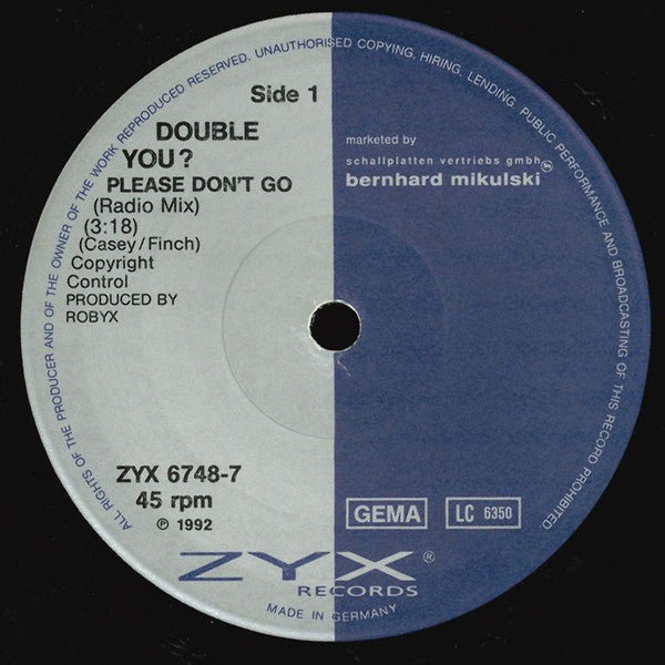 Double You : Please Don't Go (7", Single, Sol)