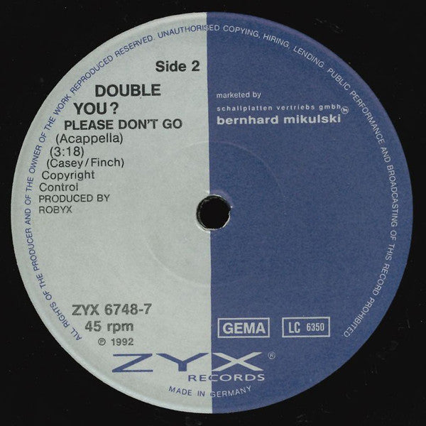 Double You : Please Don't Go (7", Single, Sol)