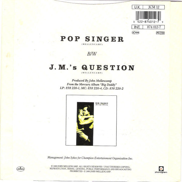 John Cougar Mellencamp : Pop Singer (7", Single, Pap)