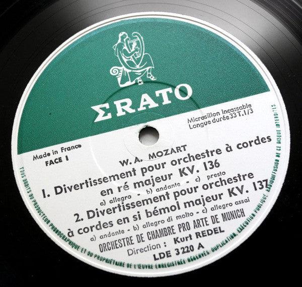 Wolfgang Amadeus Mozart - Orchestre Pro Arte De Munich, Kurt Redel : 3 Divertimentos Pour Orchestre À Cordes - KV 136, 137, 138 "Symphonies Salzbourgeoises" -  Adagio Et Fugue En Ut Mineur - KV  546 (LP)