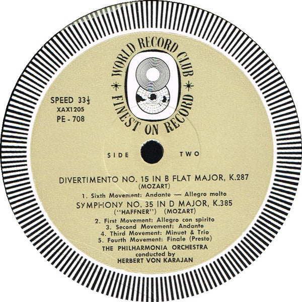 Wolfgang Amadeus Mozart, Herbert von Karajan Conducts Philharmonia Orchestra : Symphony No. 35 In D (K.385) - The Haffner · Divertimento No. 15 In B Flat (K.287) (LP, Album, Mono, Club, RE)