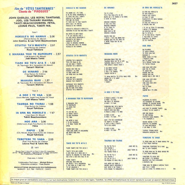 Various : Airs de Fêtes Tahitiennes - Chants de Pirogues (LP)