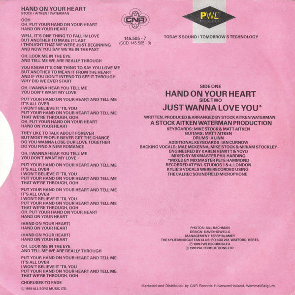 Kylie Minogue : Hand On Your Heart (7", Single)