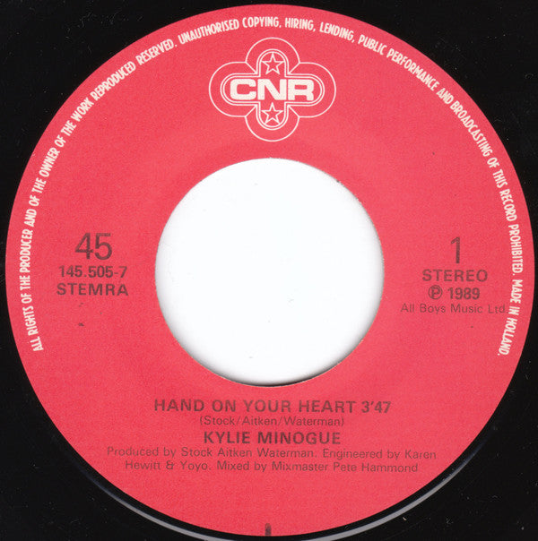 Kylie Minogue : Hand On Your Heart (7", Single)