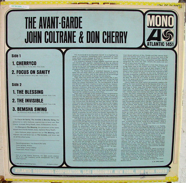 John Coltrane & Don Cherry : The Avant-Garde (LP, Album, Mono)