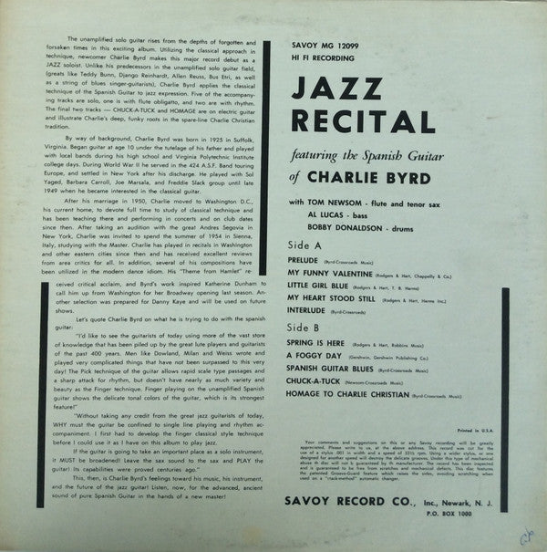 Charlie Byrd : Jazz Recital (LP, Album, RE)