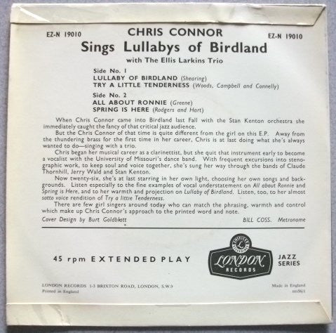 Chris Connor : Sings Lullabys Of Birdland (7", EP)