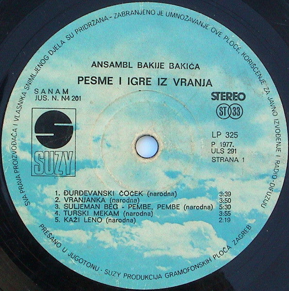 Ansambl Bakije Bakića : Pesme I Igre Iz Vranja (LP, Album)