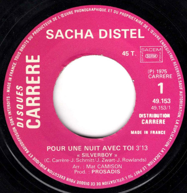 Sacha Distel : Pour Une Nuit Avec Toi (Silverboy) (7", Single)