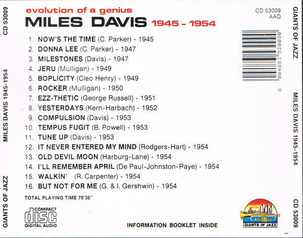 Miles Davis : Evolution Of A Genius (1945-1954) (CD, Comp)