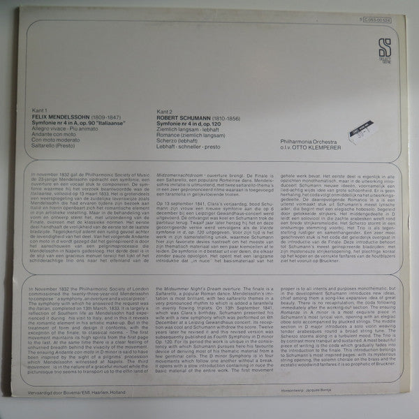 Felix Mendelssohn-Bartholdy, Robert Schumann, Otto Klemperer, Philharmonia Orchestra : Symfonie Nr 4 In A, Op 90 "Italiaanse" / Symfonie Nr 4 In D, Op. 120 (LP, Album)