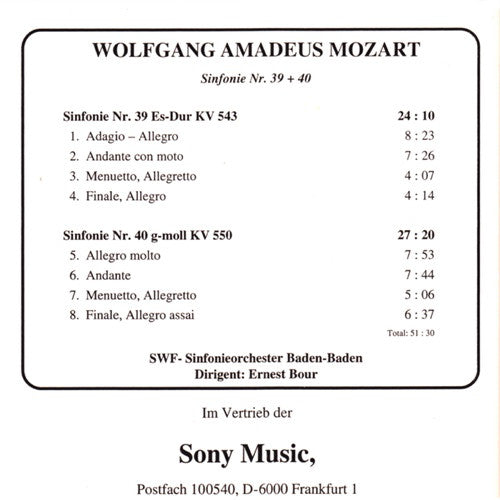 Wolfgang Amadeus Mozart, Sinfonieorchester Des Südwestfunks, Ernest Bour : Sinfonie Nr. 39 + 40 (CD)