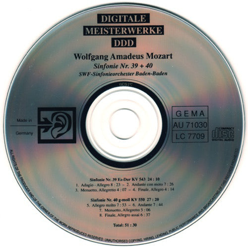 Wolfgang Amadeus Mozart, Sinfonieorchester Des Südwestfunks, Ernest Bour : Sinfonie Nr. 39 + 40 (CD)