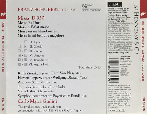 Franz Schubert - Ruth Ziesak, Jard Van Nes, Herbert Lippert, Wolfgang Bünten, Andreas Schmidt (2), Chor Des Bayerischen Rundfunks Und Symphonie-Orchester Des Bayerischen Rundfunks, Carlo Maria Giulini : Missa, D 950 (CD, Album)