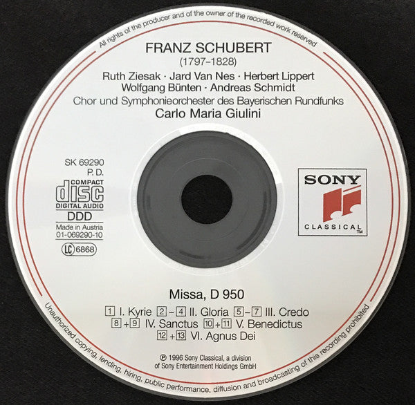 Franz Schubert - Ruth Ziesak, Jard Van Nes, Herbert Lippert, Wolfgang Bünten, Andreas Schmidt (2), Chor Des Bayerischen Rundfunks Und Symphonie-Orchester Des Bayerischen Rundfunks, Carlo Maria Giulini : Missa, D 950 (CD, Album)