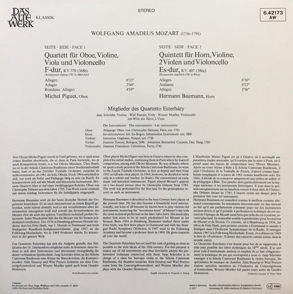 Wolfgang Amadeus Mozart, Quartetto Esterházy : Oboenquartett F-dur, KV 370 / Hornquintett Es-dur, KV 407 (LP, Album, Gat)