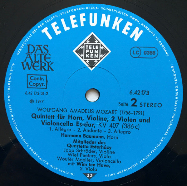 Wolfgang Amadeus Mozart, Quartetto Esterházy : Oboenquartett F-dur, KV 370 / Hornquintett Es-dur, KV 407 (LP, Album, Gat)
