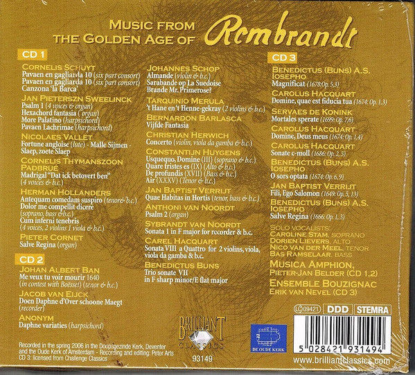 Jan Pieterszoon Sweelinck, Jacob Jan Van Eyck, Jan Baptist Verrijt, Benedictus Buns, Servaes De Koninck, Musica Amphion, Pieter-Jan Belder, Ensemble Bouzignac Utrecht, Erik Van Nevel : Music From The Golden Age Of Rembrandt (3xCD)