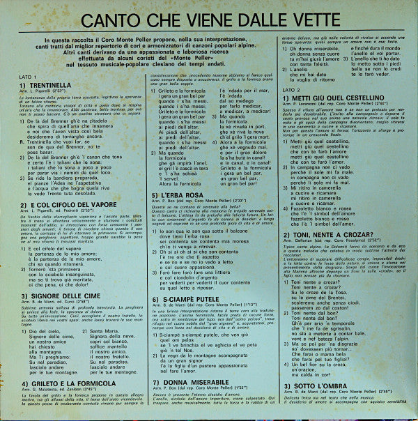 Coro Monte Peller - Cles : Canto Che Viene Dalle Vette (LP)