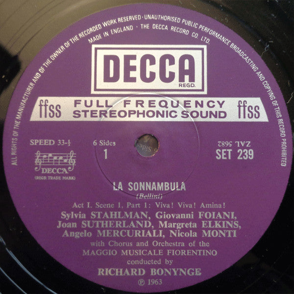 Vincenzo Bellini - Joan Sutherland, Nicola Monti, Fernando Corena, Sylvia Stahlman, Margreta Elkins, Orchestra Del Maggio Musicale Fiorentino & Coro Del Maggio Musicale Fiorentino, Richard Bonynge : La Sonnambula (3xLP, RP + Box)