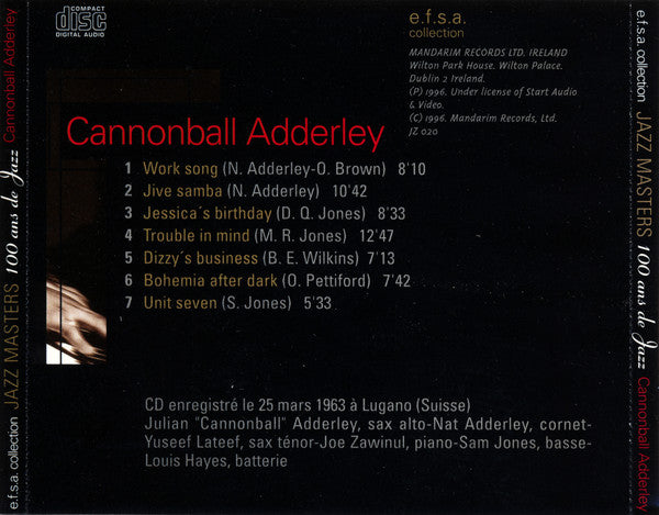 Cannonball Adderley : Jazz Masters (100 Ans De Jazz) (CD, Album, RE, Liv)