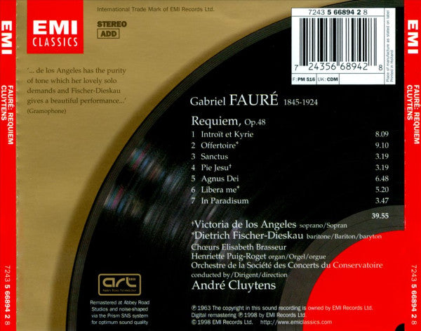 Gabriel Fauré - Victoria De Los Angeles · Dietrich Fischer-Dieskau · Choeurs Elisabeth Brasseur · Orchestre De La Société Des Concerts Du Conservatoire · André Cluytens : Requiem (CD, Album, RE, RM)